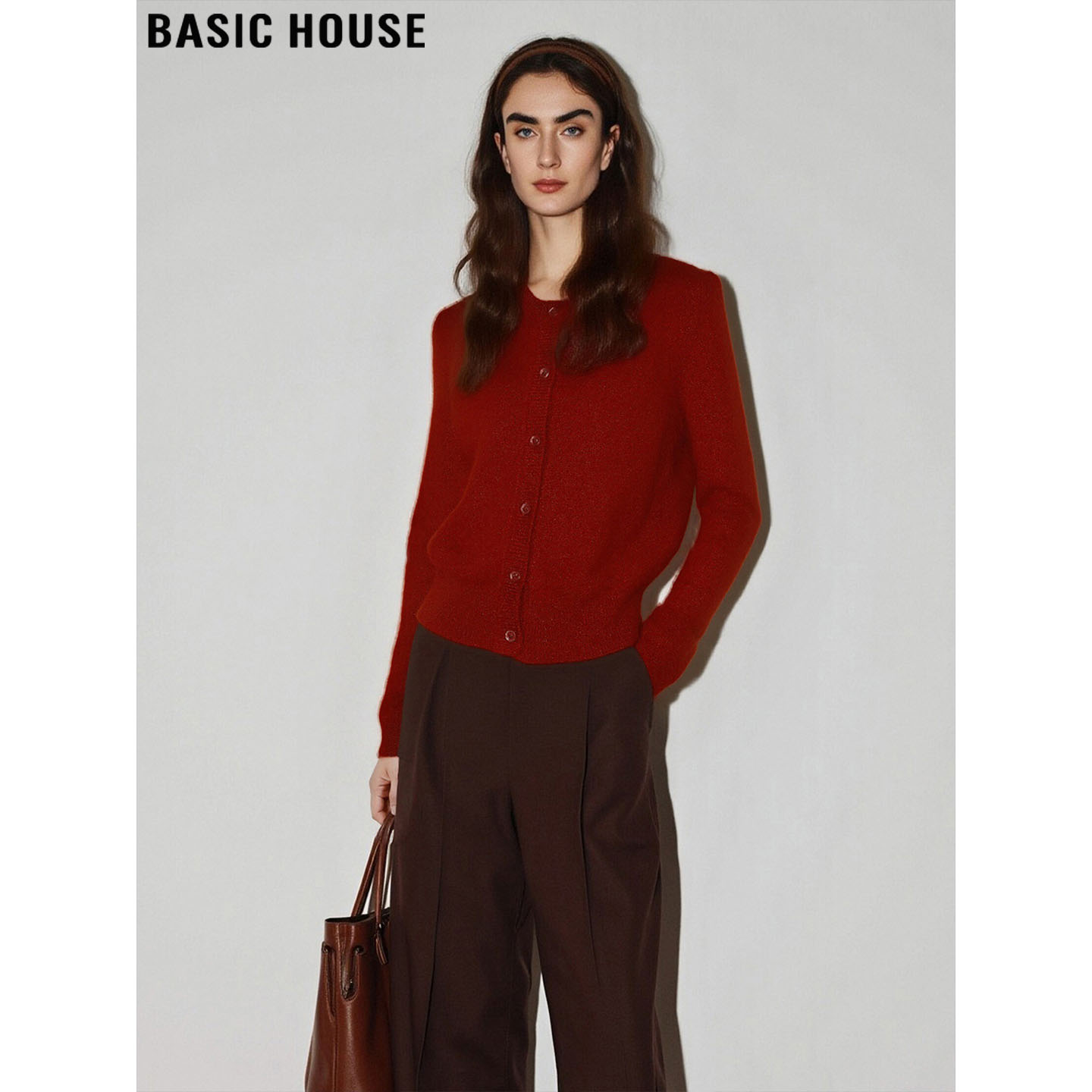 百家好复古酒红色绵羊毛针织开衫