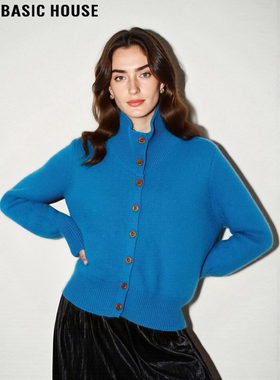 Basic House/百家好蓝色高领羊绒衫女士冬季设计感软糯羊毛针织衫