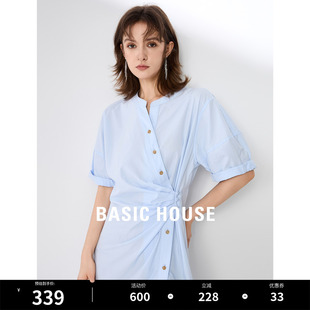 百家好设计感捏褶连衣裙2024夏季 新款 House Basic 收腰显瘦女长裙