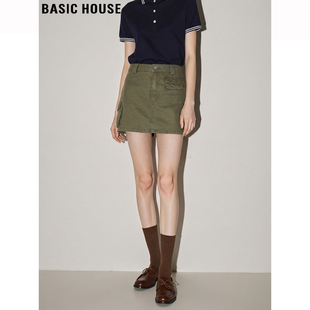 新款 百家好军绿色纯棉牛仔半身裙女2026夏季 复古短裙 House Basic