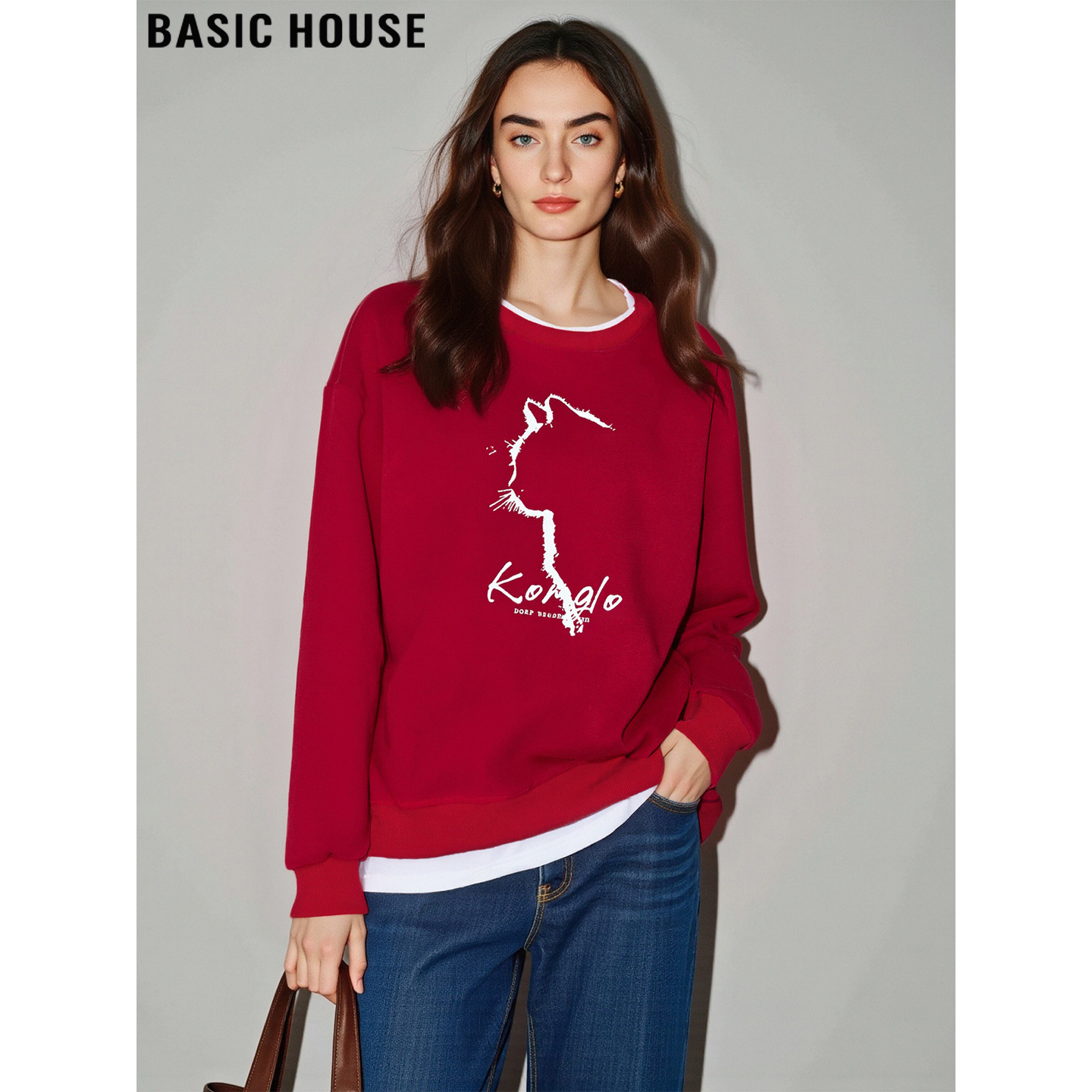 红色印花假两件卫衣加绒打底衫女