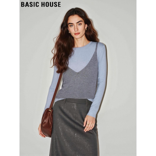 百家好撞色圆领假两件针织衫女