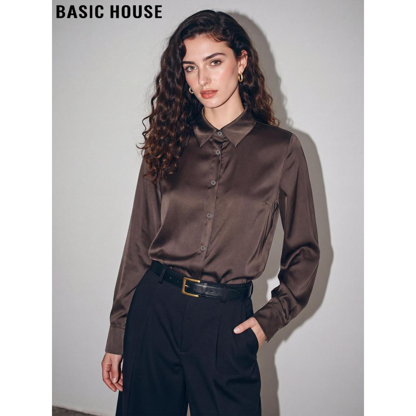 Basic House/百家好咖色缎面长袖衬衫女2026春季新款复古翻领衬衣,女装/女士精品,衬衫,淘宝优惠券,粉丝福利购,淘宝优惠卷