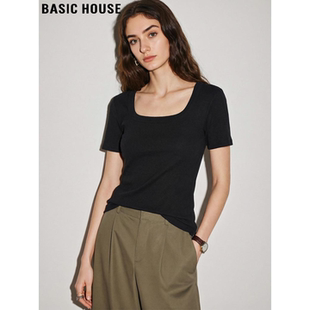 基础款 Basic T恤女夏季 百家好黑色U领冰丝短袖 百搭气质上衣 House