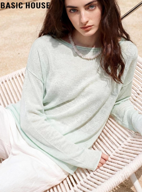 Basic House/百家好绿色天丝防晒罩衫女夏季微透含亚麻长袖针织衫