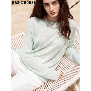 House 针织衫 百家好绿色天丝防晒罩衫 微透含亚麻长袖 女夏季 Basic