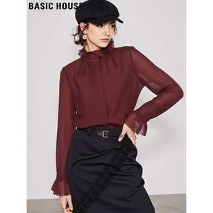 House 设计感网纱衫 百家好红色荷叶领衬衫 新款 衣 女2026春季 Basic