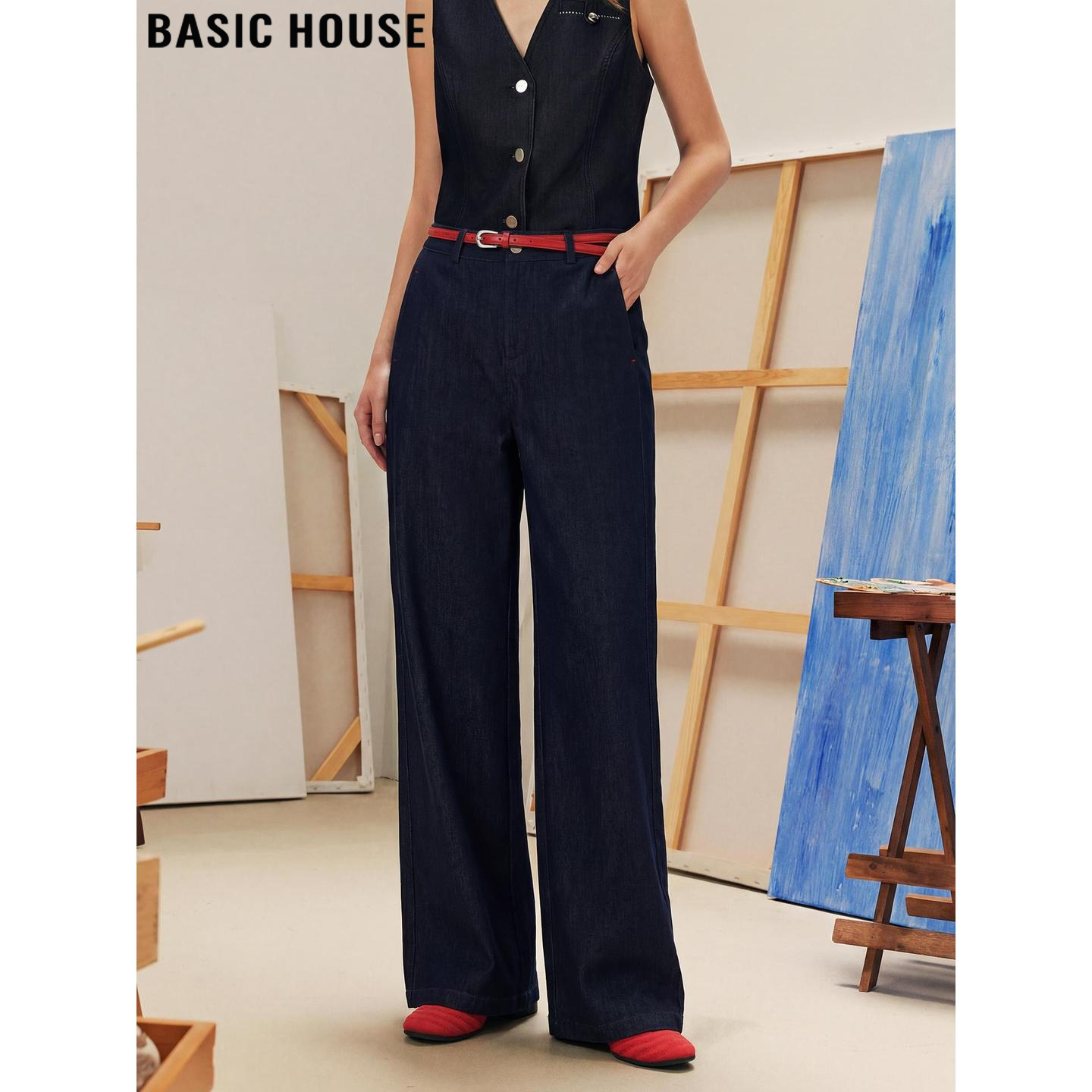 Basic House/百家好复古蓝色阔腿牛仔裤女2026春季新款高腰拖地裤