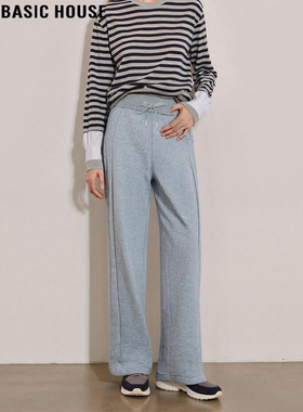 Basic House/百家好浅灰色阔腿运动裤女冬季加绒加厚高腰直筒卫裤
