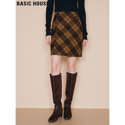 百家好复古格纹羊毛呢半身裙女