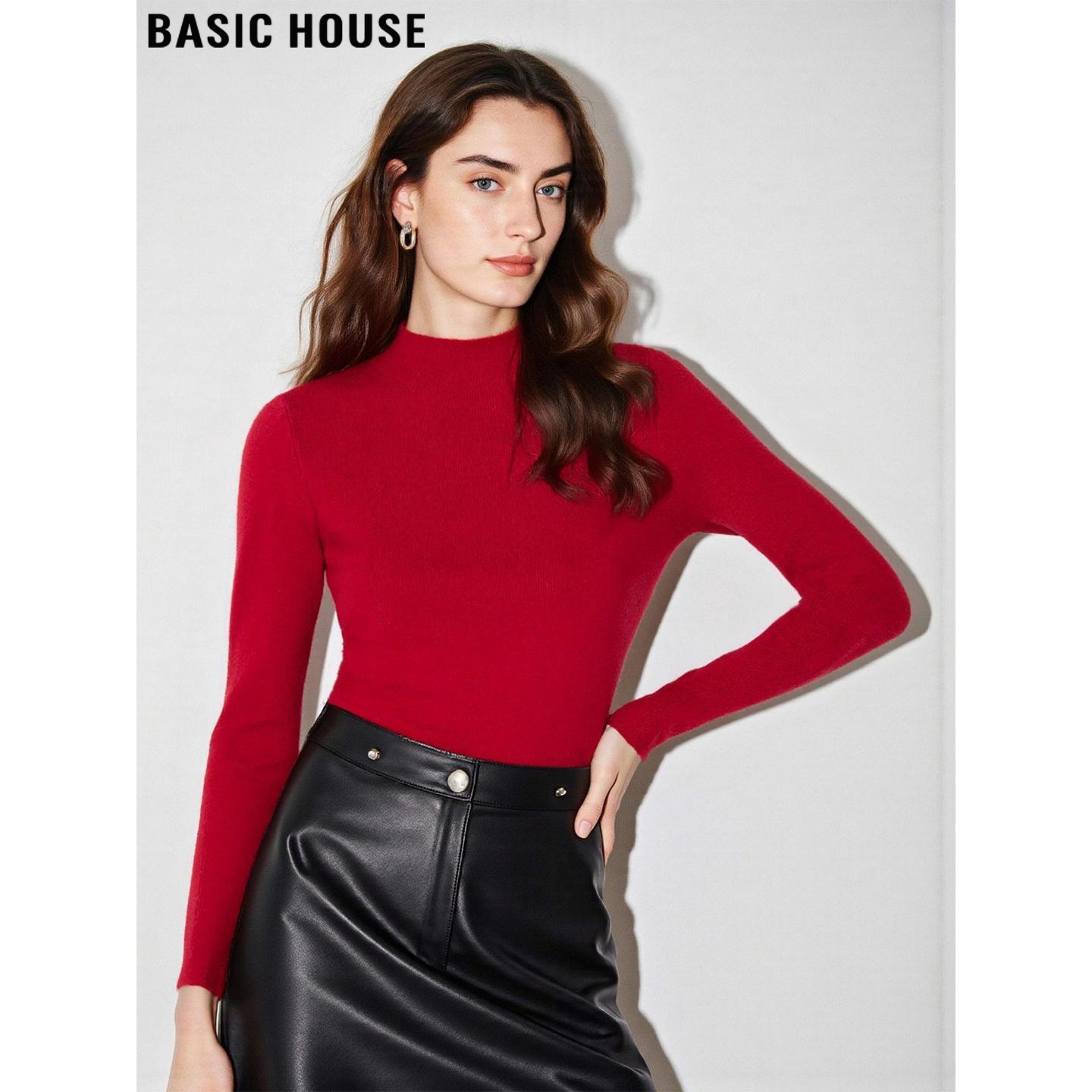 Basic House/百家好本命年红半高领针织衫女士春含羊毛修身打底衫