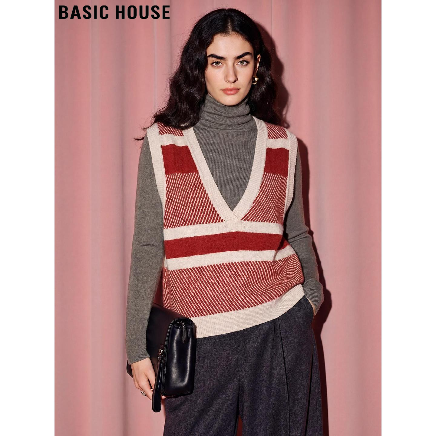撞色条纹V领针织马甲女叠穿背心
