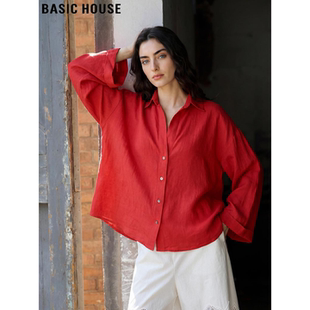 Basic House/百家好红色100%亚麻衬衫女2026春季新款薄款防晒开衫
