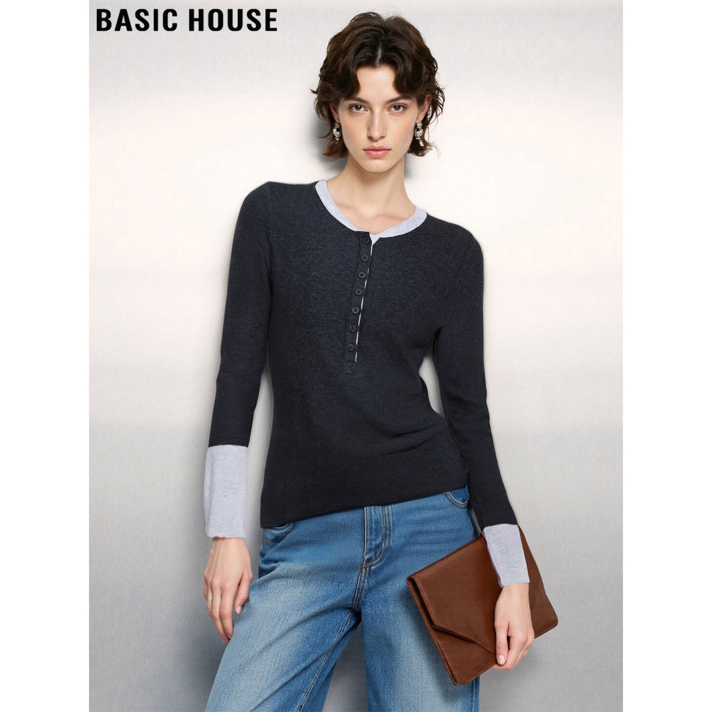 百家好撞色假两件长袖T恤亨利领