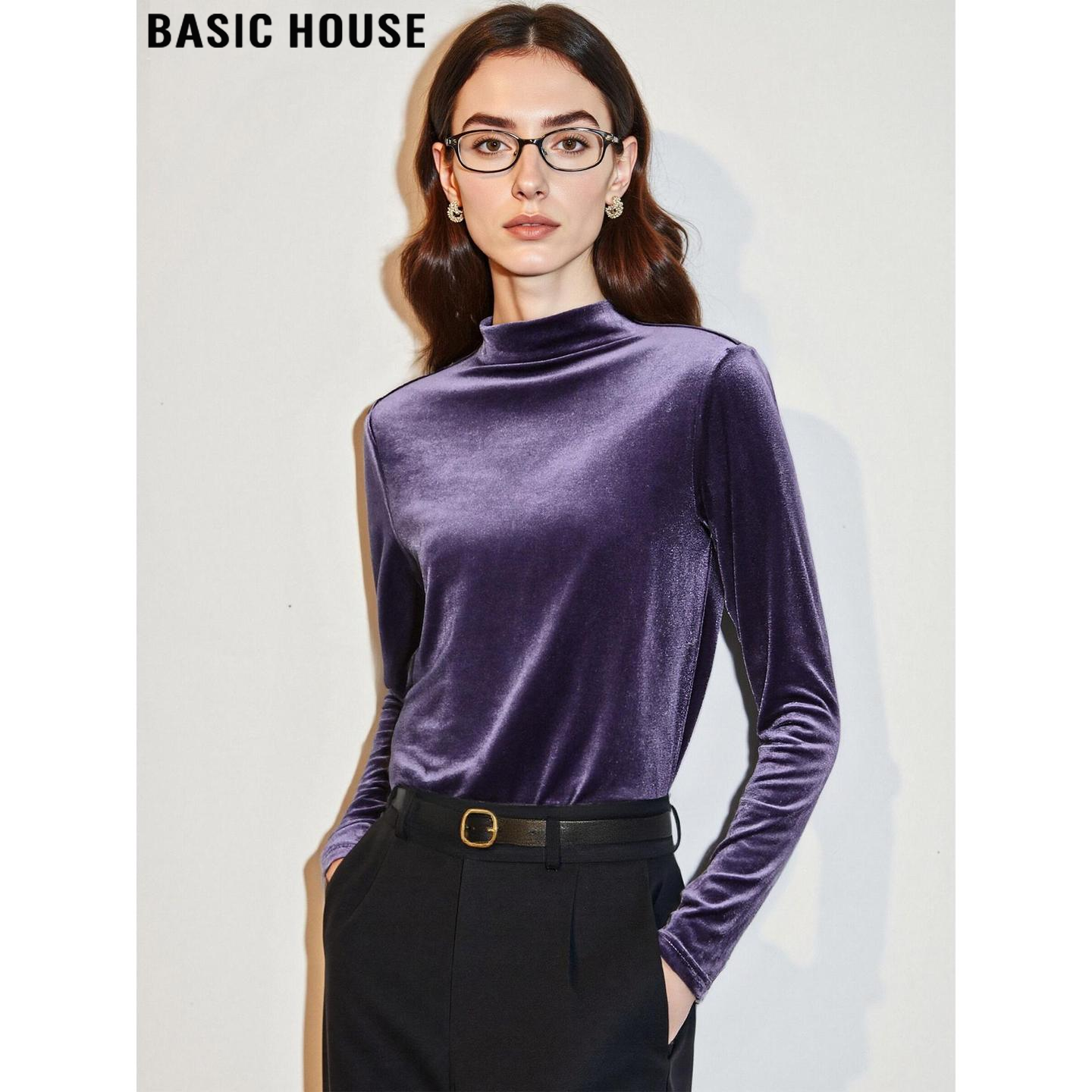 Basic House/百家好紫色半高领丝绒T恤女士冬季弹力修身内搭上衣,女装/女士精品,T恤,淘宝优惠券,粉丝福利购,淘宝优惠卷