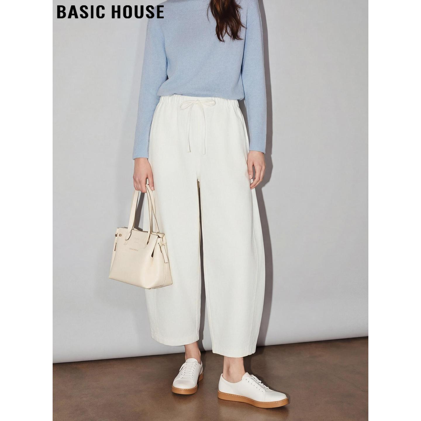 Basic House/百家好慵懒松弛感白色弯刀阔腿裤女春季松紧腰香蕉裤,女装/女士精品,休闲裤,淘宝优惠券,粉丝福利购,淘宝优惠卷