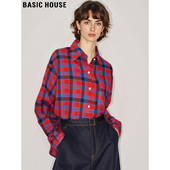 House 百家好复古红色格子衬衫 女2026春季 Basic 新款 纯棉打底上衣