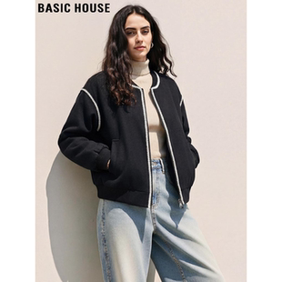 Basic House/百家好黑色圆领棒球服女2026春季新款小香风宽松外套