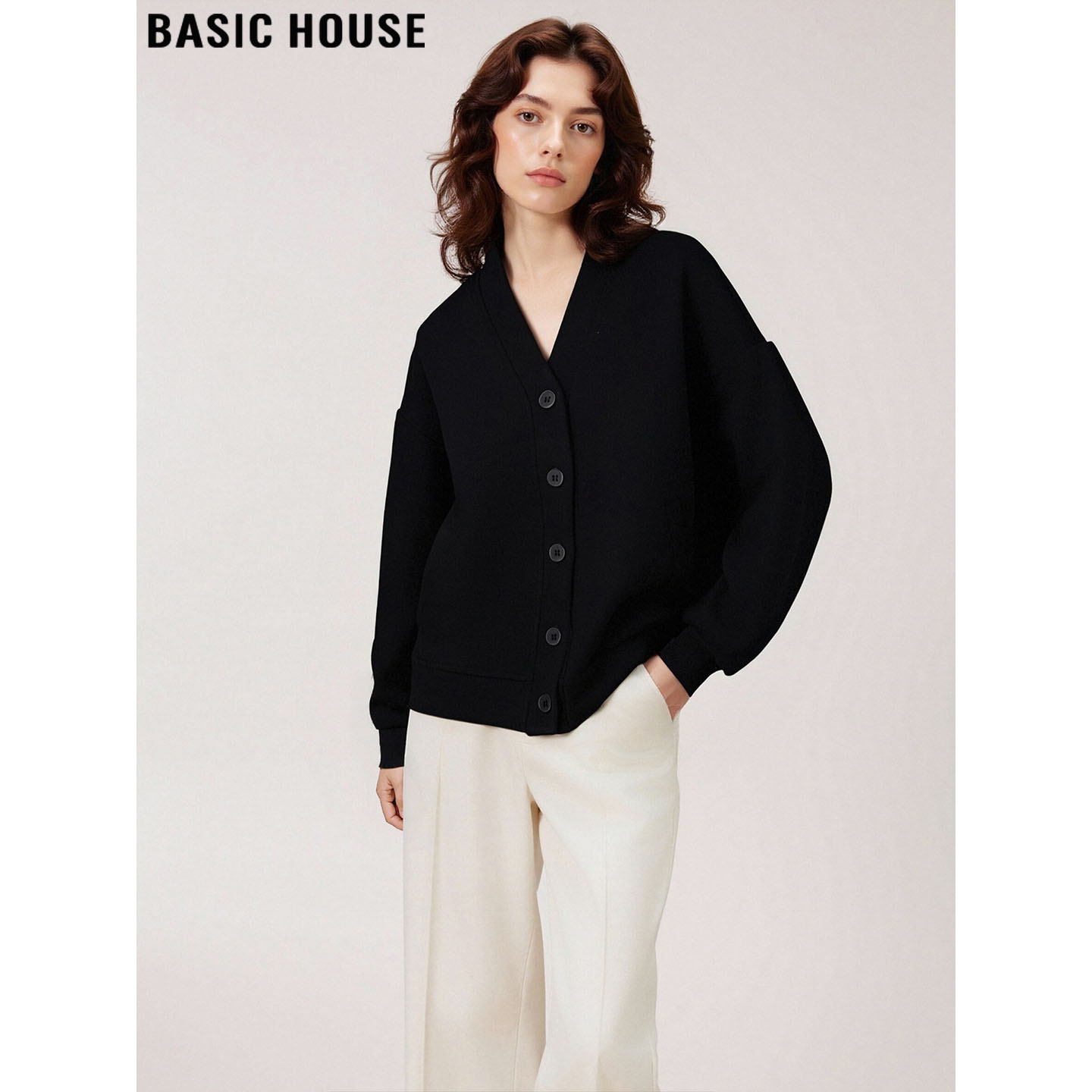 百家好慵懒风宽松V领卫衣外套女