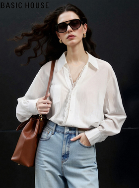 Basic House/百家好法式蕾丝白色衬衫女2026春季新款内搭V领衬衣