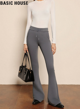 Basic House/百家好灰色加绒加厚微喇裤女冬小个子显高修身马蹄裤