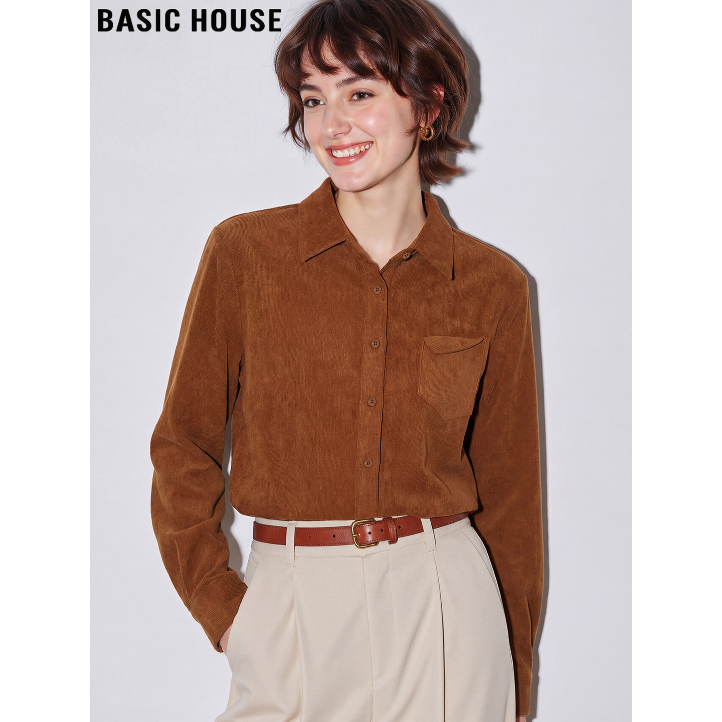 Basic House/百家好焦糖色灯芯绒衬衫女2026春季新款复古长袖衬衣,女装/女士精品,衬衫,淘宝优惠券,粉丝福利购,淘宝优惠卷