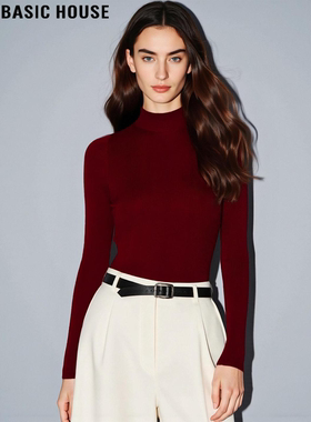 Basic House/百家好红色半高领针织衫女秋冬简约基础款修身打底衫