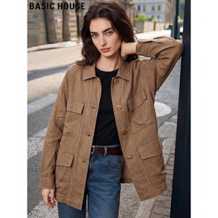 Basic House/百家好复古港味亚麻衬衫外套女2026春季新款薄款上衣