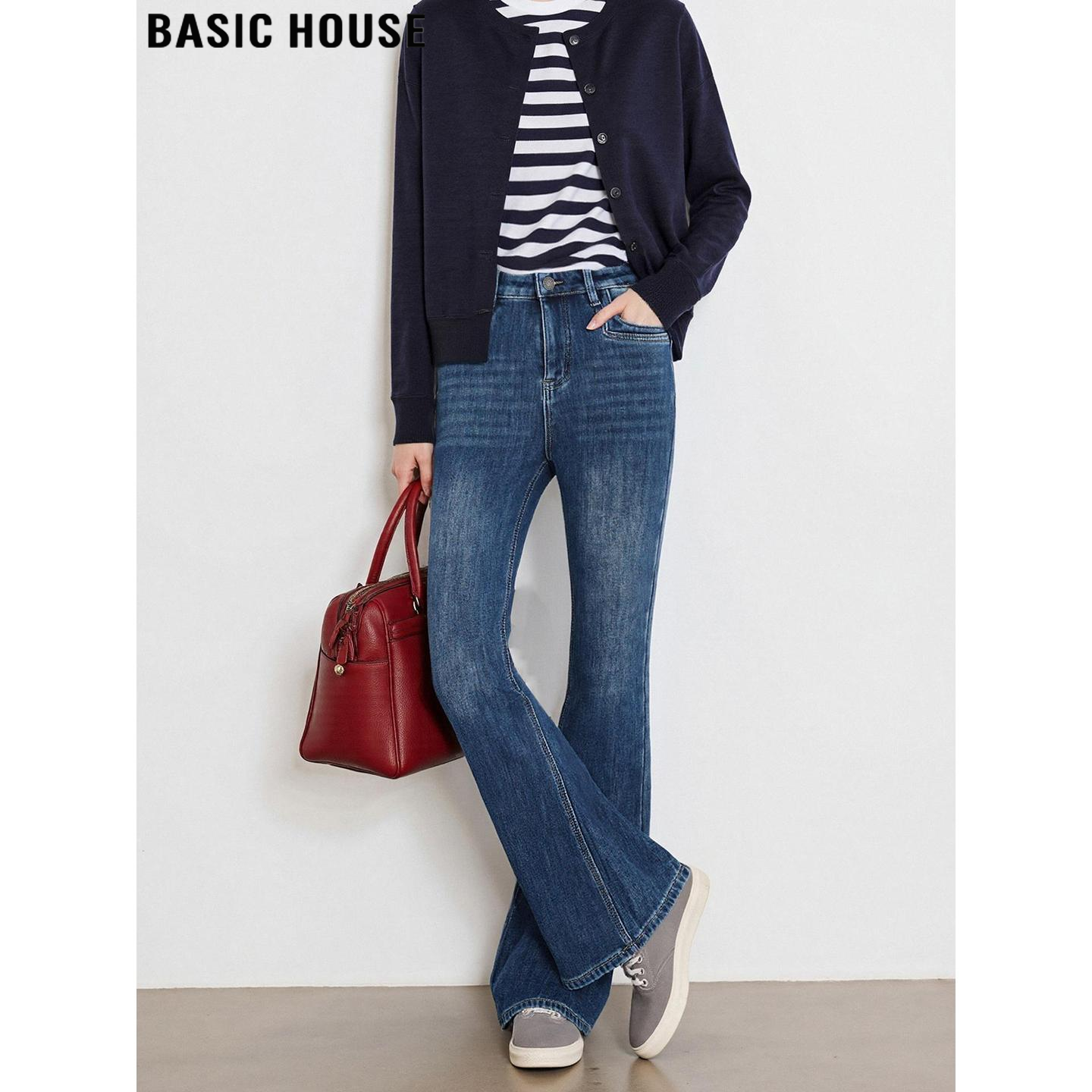 百家好复古蓝色微喇裤加绒牛仔裤