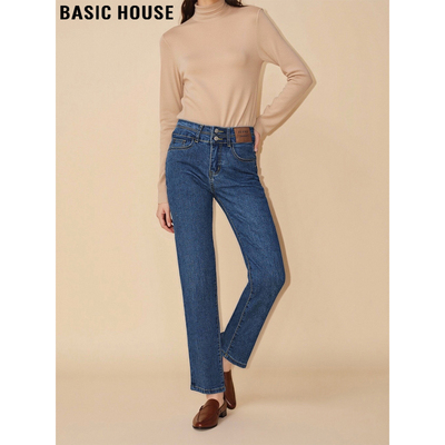 百家好复古蓝高腰九分牛仔裤直筒