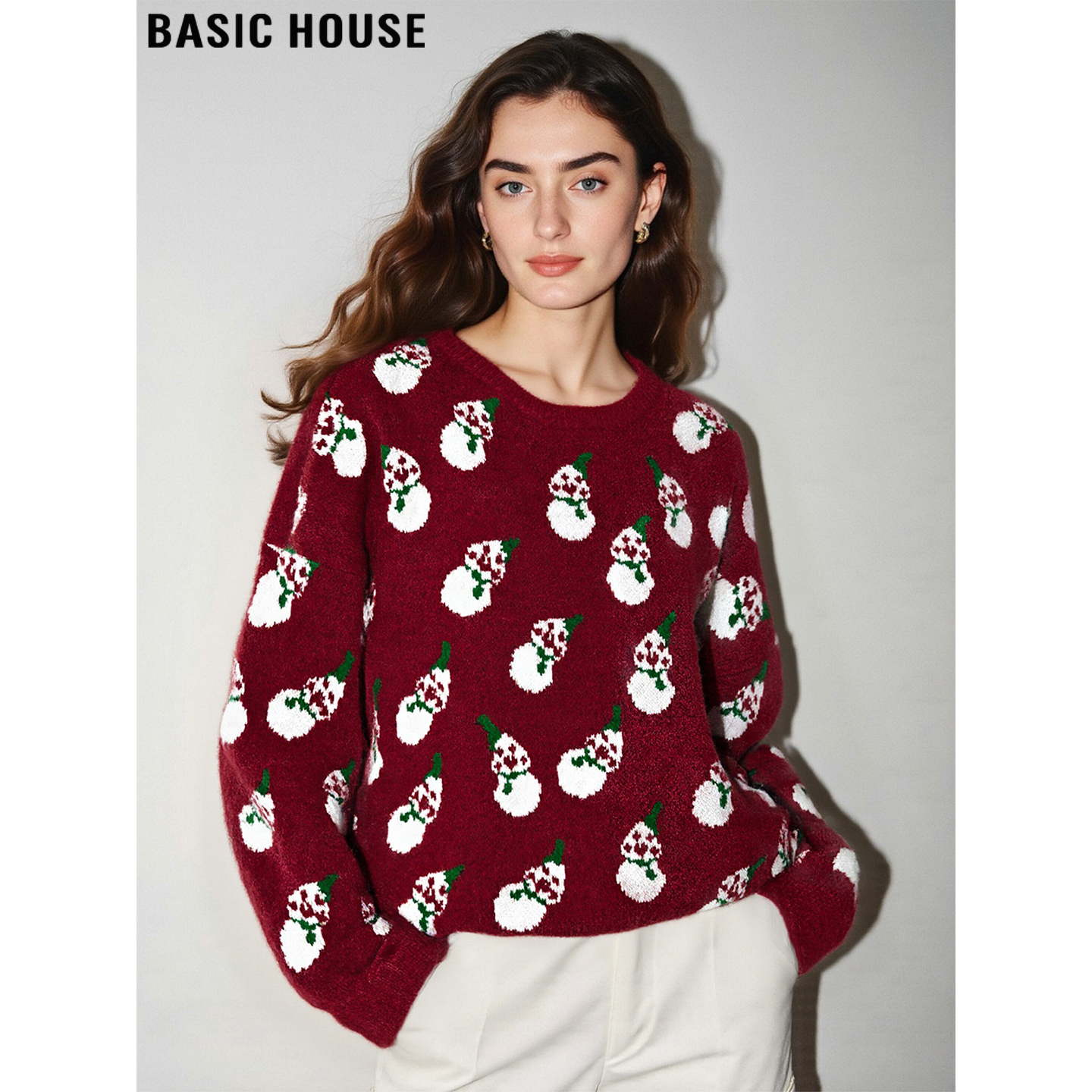 百家好圣诞红提花圆领含羊毛卫衣