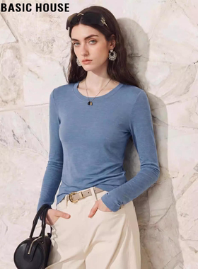 Basic House/百家好蓝色羊毛长袖T恤女2026春季新款亲肤修身上衣