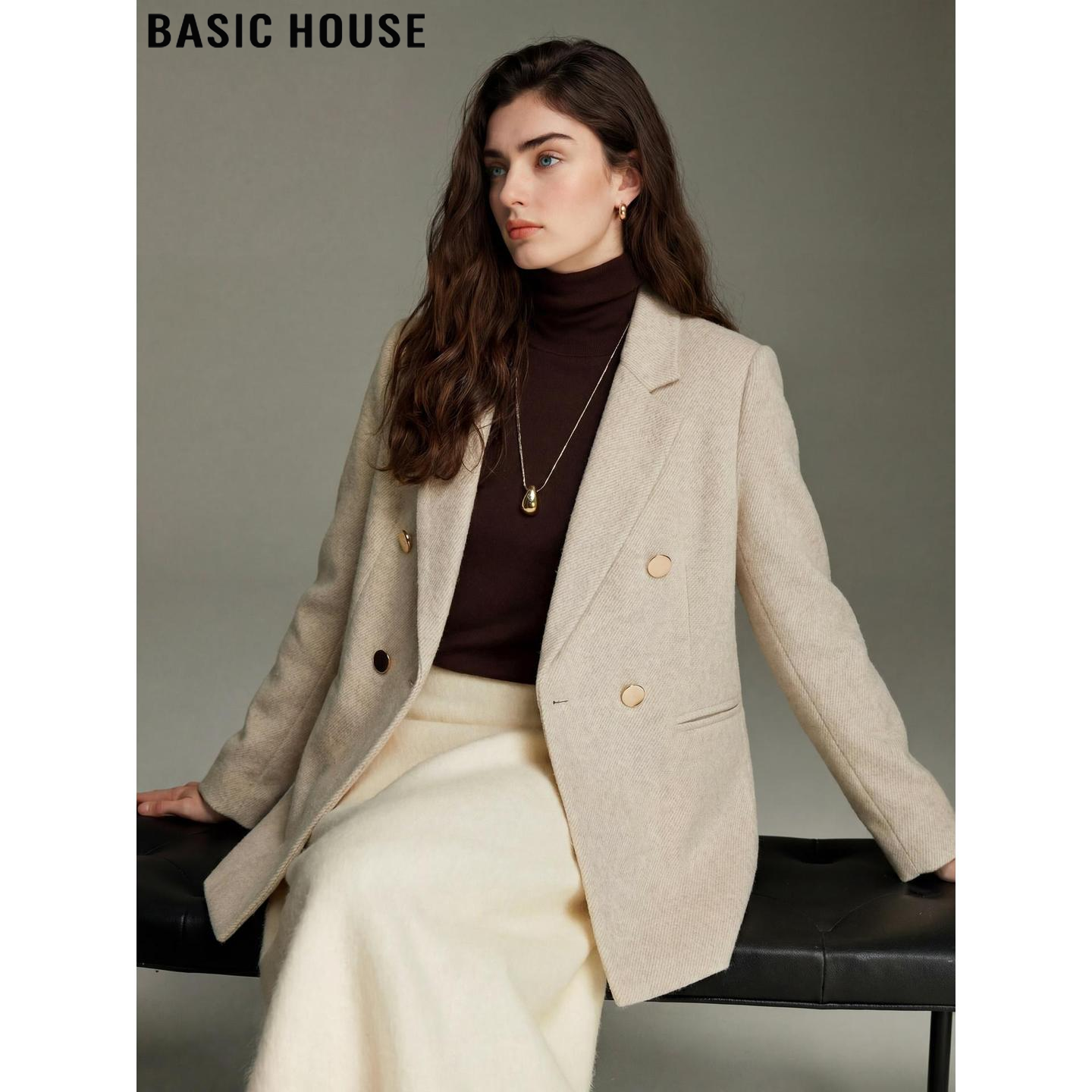 Basic House/百家好杏色西装外套女士2026春季新款中长款休闲西服