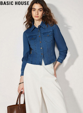 Basic House/百家好深蓝色短款牛仔衬衫女士2025冬季美式叠穿上衣