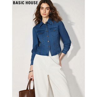 Basic House/百家好深蓝色短款牛仔衬衫女士2025冬季美式叠穿上衣