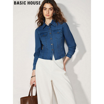 百家好深蓝色叠穿短款牛仔衬衫秋
