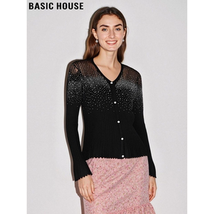 House 网纱修身 百家好法式 女士2026春季 上衣 烫钻V领针织衫 Basic