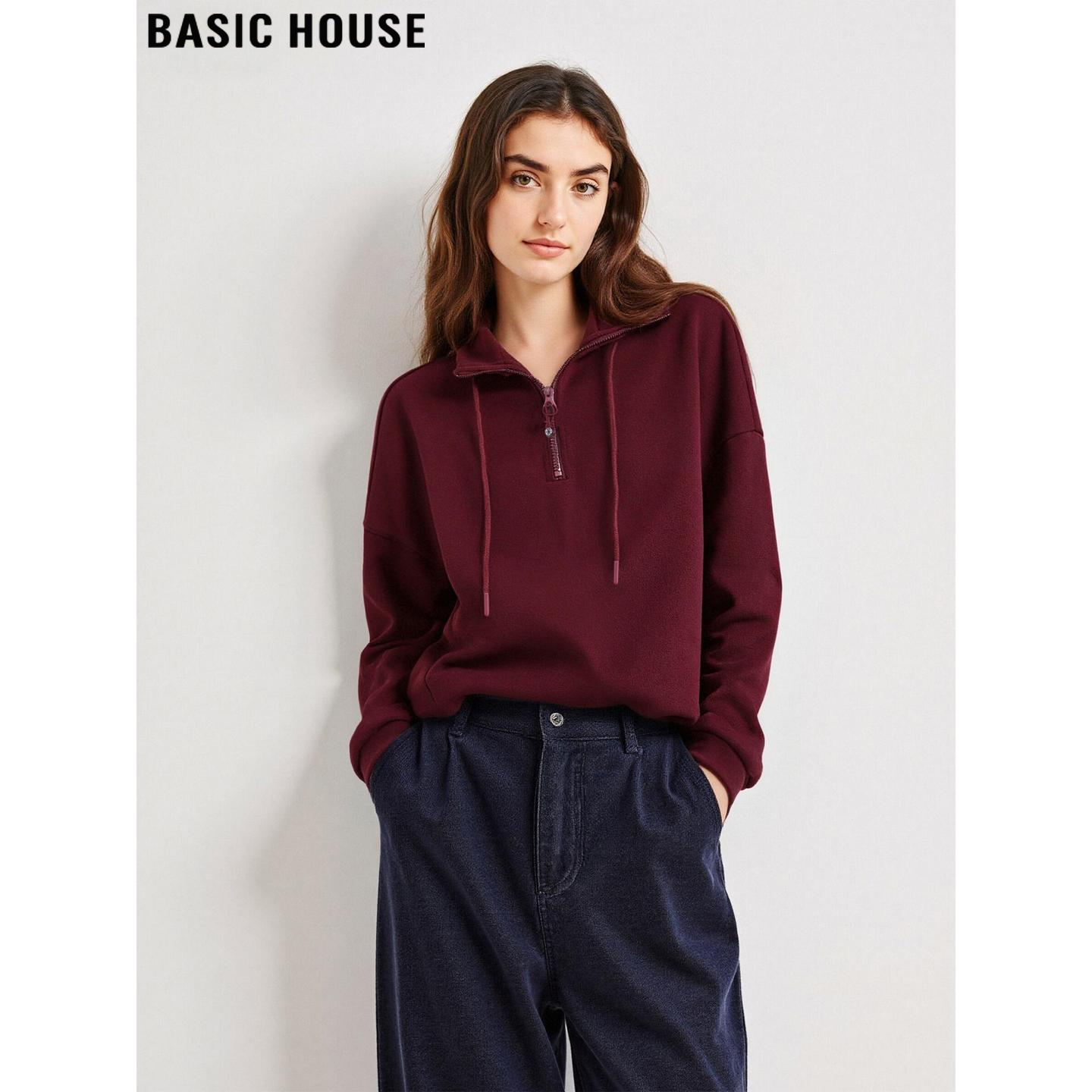 百家好红色半拉链抽绳加厚卫衣女