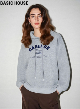 Basic House/百家好灰色印花连帽卫衣女士冬季慵懒风宽松内搭上衣