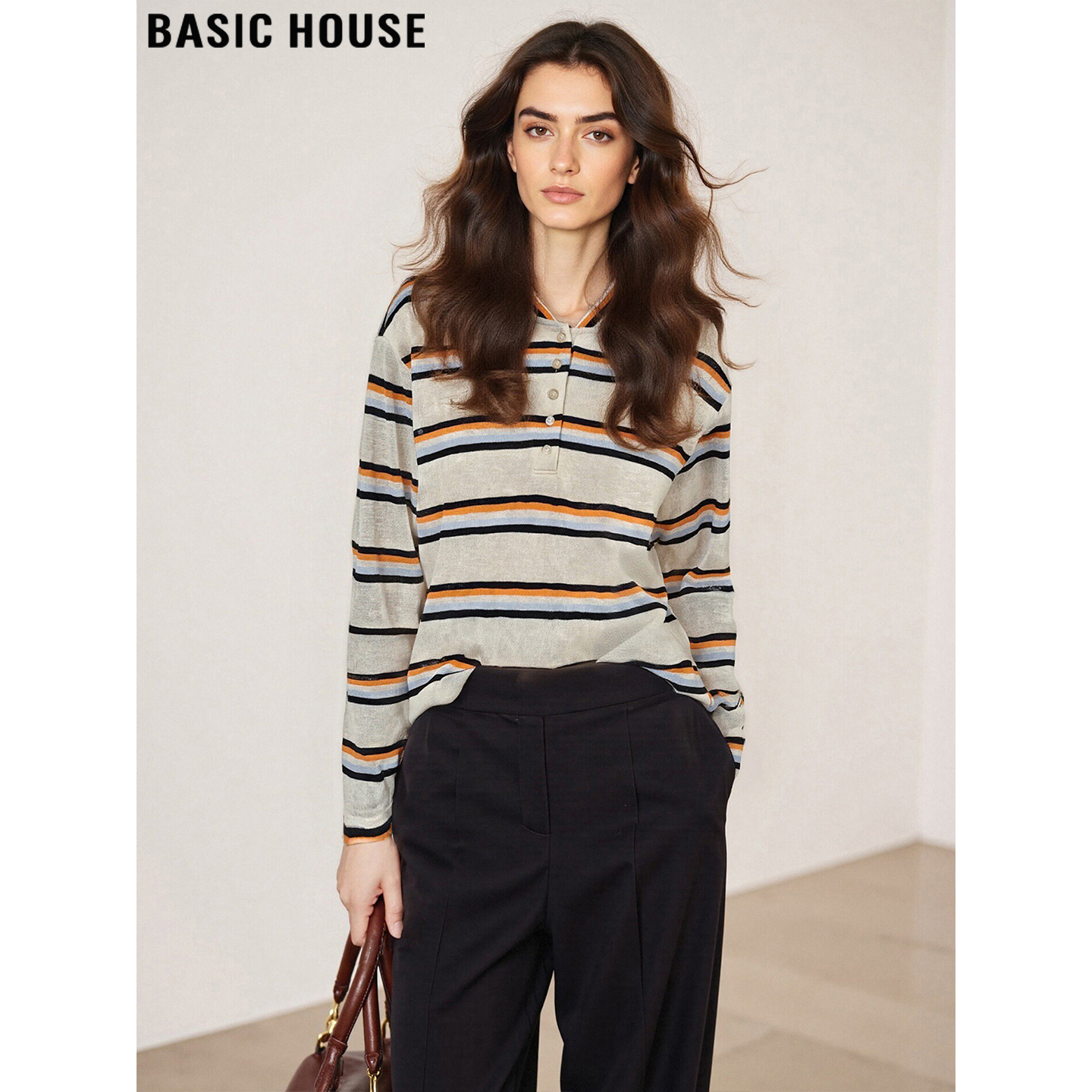 百家好复古撞色条纹半开领打底衫