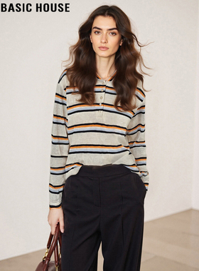 Basic House/百家好撞色条纹打底衫女2026春季新款半开领长袖T恤