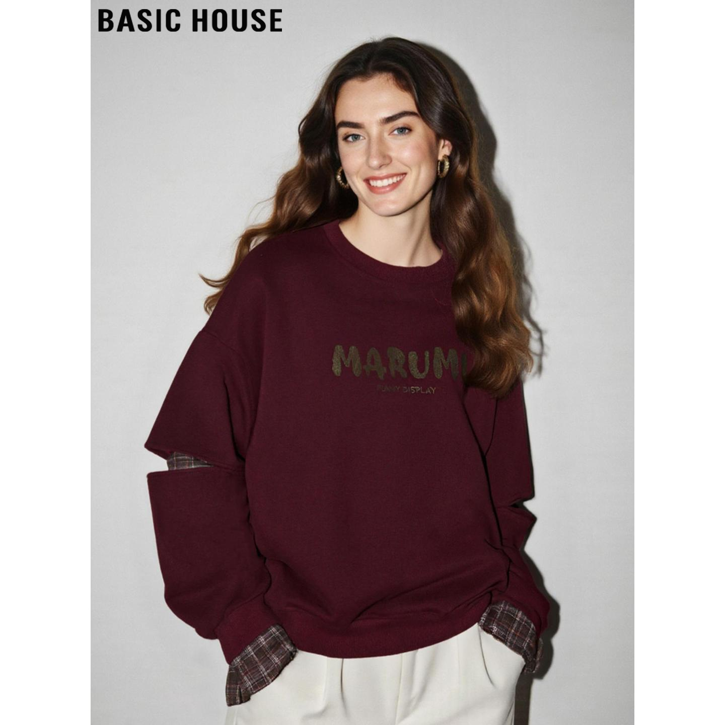 格纹拼接假两件加厚圆领卫衣女冬