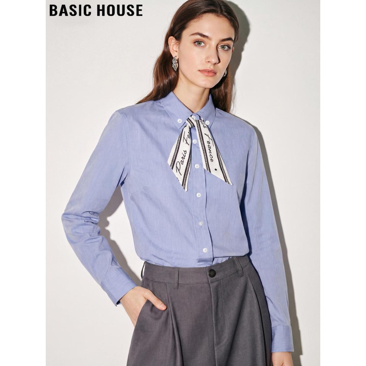 Basic House/百家好蓝色翻领长袖衬衫女2026春季新款丝巾装饰衬衣,女装/女士精品,衬衫,淘宝优惠券,粉丝福利购,淘宝优惠卷