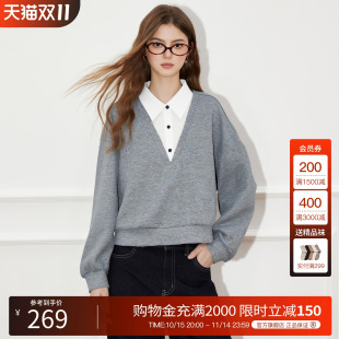 新款 百家好Polo领拼接卫衣外套女2025秋季 假两件上衣 House Basic