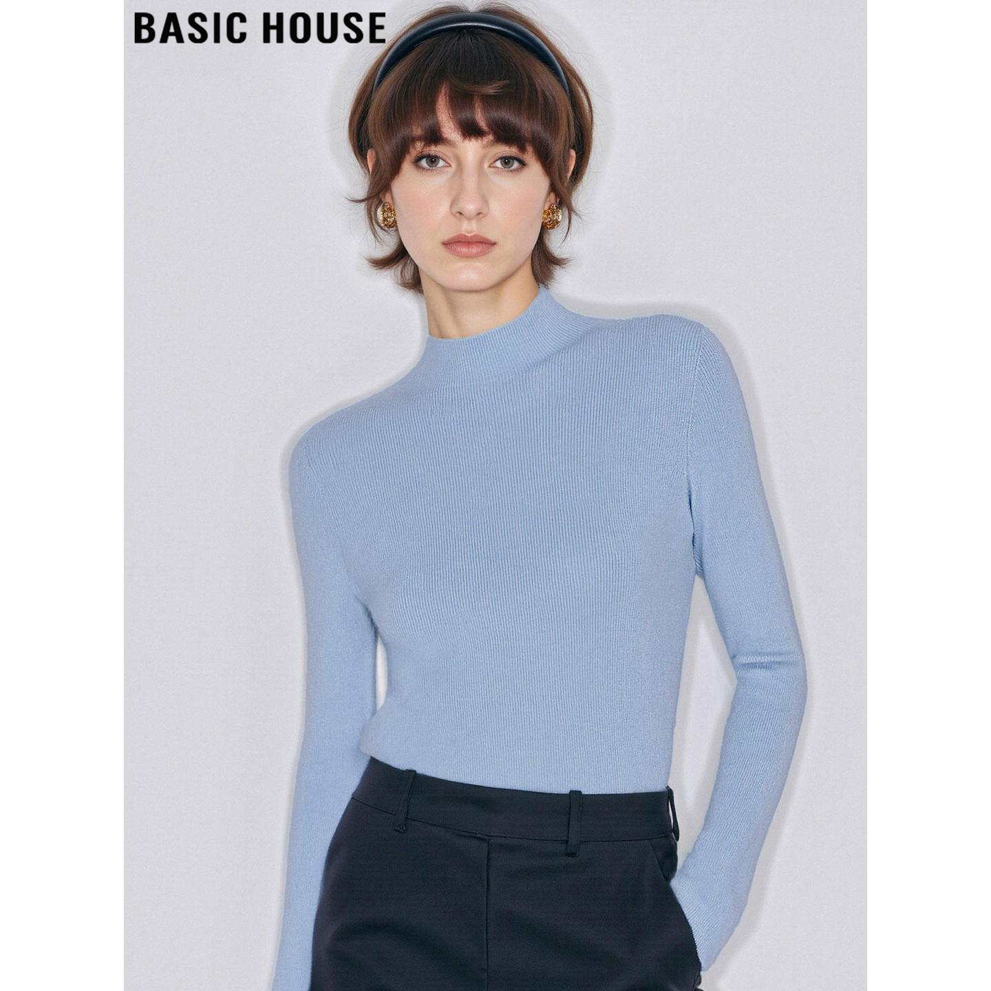 Basic House/百家好蓝色半高领针织打底衫女冬季内搭修身百搭上衣,女装/女士精品,毛针织衫,淘宝优惠券,粉丝福利购,淘宝优惠卷