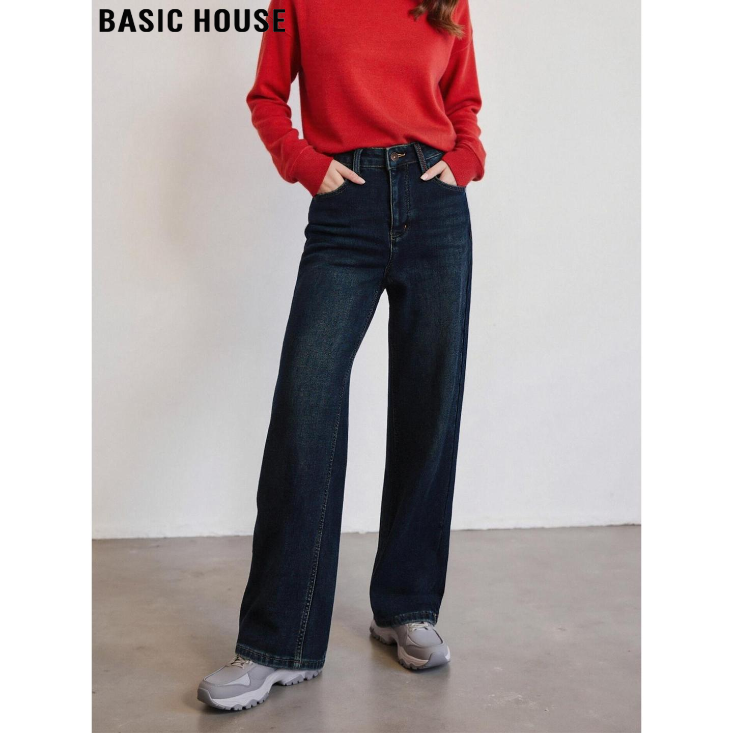 Basic House/百家好复古蓝色加绒牛仔裤女秋冬高腰显瘦直筒阔腿裤