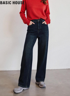 Basic House/百家好复古蓝色加绒牛仔裤女冬季高腰显瘦直筒阔腿裤