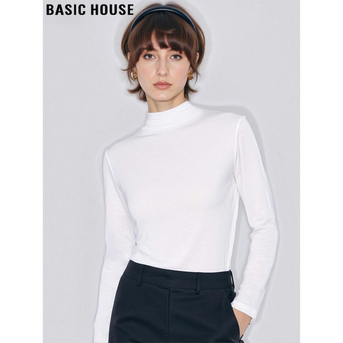 百家好简约百搭白色半高领T恤女