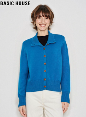 Basic House/百家好蓝色翻领羊绒衫女冬季高级感修身软糯打底毛衣