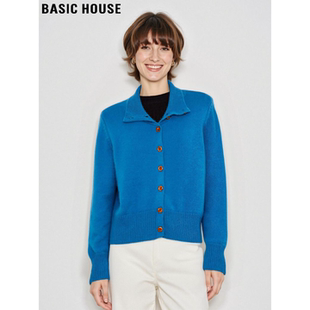 Basic House/百家好蓝色翻领羊绒衫女冬季高级感修身软糯打底毛衣